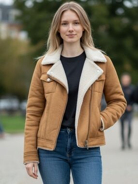 ASOS Tan Sherpa Collar Bomber Jacket- Women's Sz S